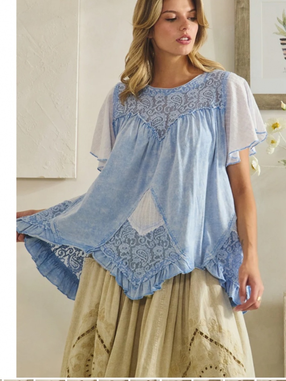 🌈OLI and Hali “TANISHA“ Oli & Hali WASHED LACE ROUND NECK RUFFLE HEM TUNIC 42